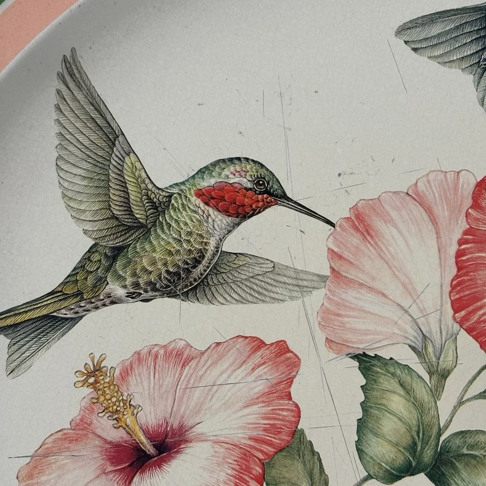 Vintage Potpourri Design Hummingbirds Hibiscus Round Metal Tray 1993 Cottagecore